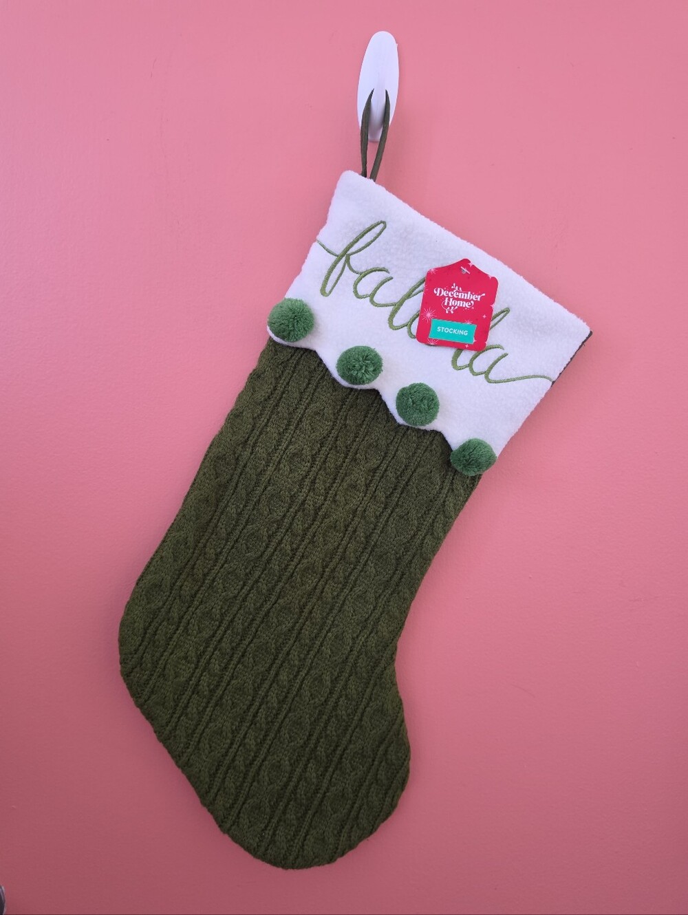 NWT December Home "Falala" Green Christmas Stocking Pompom Accents